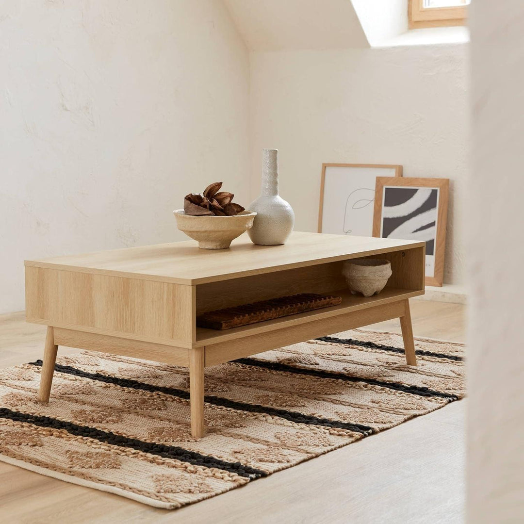 Alice'S Home - Table Basse Couleur Naturelle. Linear. Décor Bois Rainuré. Pieds Compas. 2 Niches. 1 Tiroir. L 110 X L 59 X H 39Cm | Designix - Amazon    - https://designix.fr/