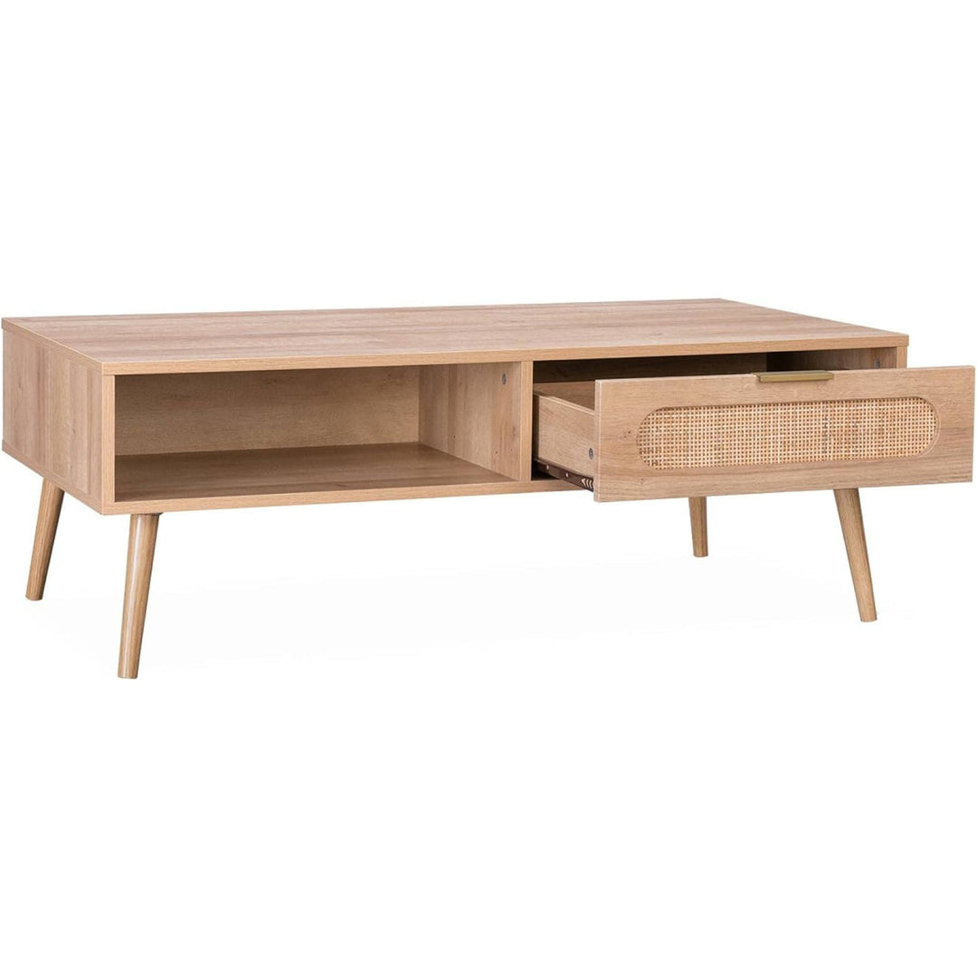 Alice'S Home - Table Basse. Eva. Scandinave En Cannage Arrondi Et En Décor Bois. 1 Tiroir Réversible L110 X L59 X H39Cm | Designix - Amazon    - https://designix.fr/