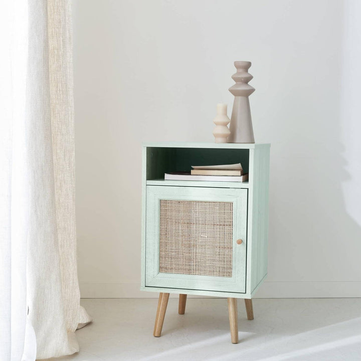 Alice'S Home - Table De Chevet En Cannage - Bohème - 40X39X65.8Cm Coloris Vert Céladon - 2 Niveaux - 1 Porte - 1 Espace De Rangement - Pieds Scandinaves | Designix - Amazon    - https://designix.fr/