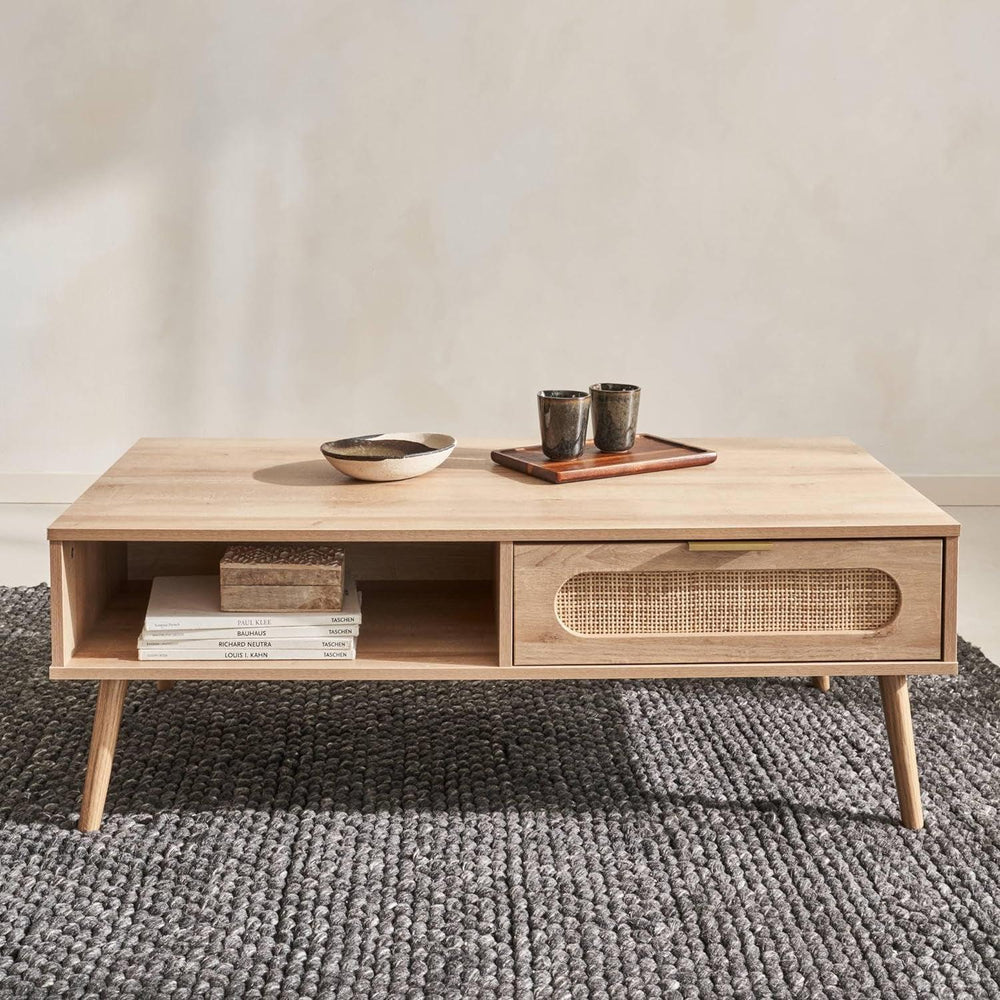 Alice'S Home - Table Basse. Eva. Scandinave En Cannage Arrondi Et En Décor Bois. 1 Tiroir Réversible L110 X L59 X H39Cm | Designix - Amazon    - https://designix.fr/