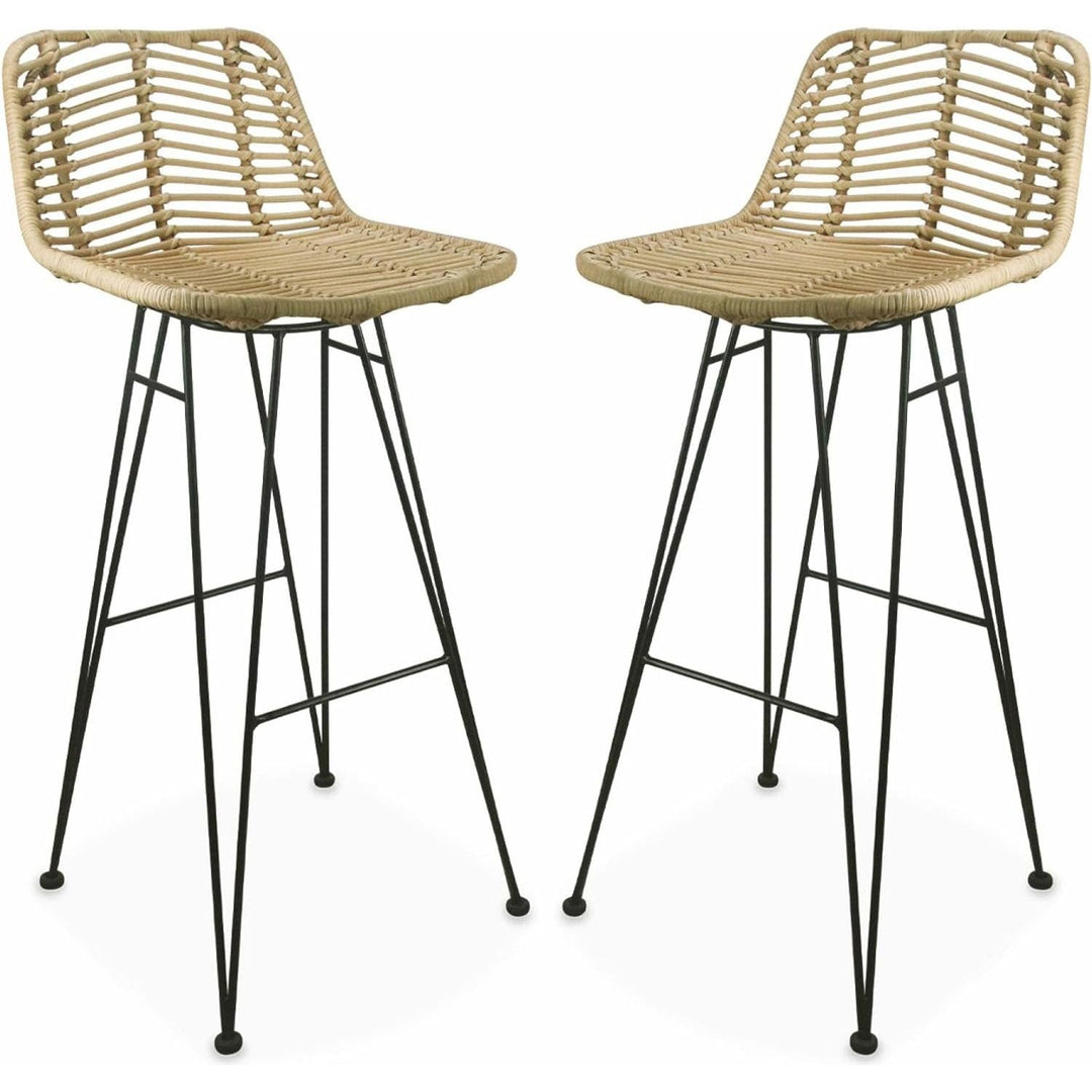 Alice'S Home - Deux Tabourets De Bar En Rotin Naturel Et Métal. Coussins Noirs - Cahya | Designix - Amazon    - https://designix.fr/