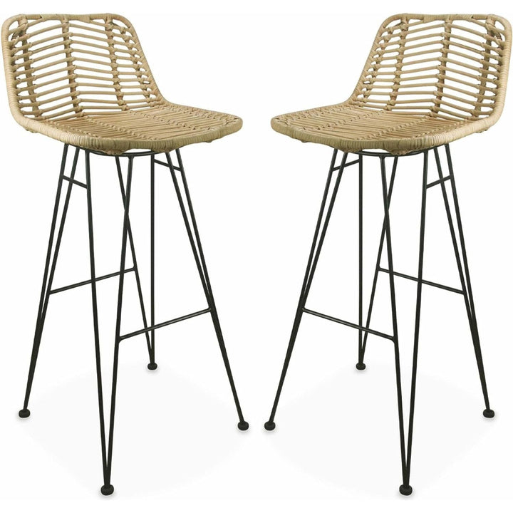 Alice'S Home - Deux Tabourets De Bar En Rotin Naturel Et Métal. Coussins Noirs - Cahya | Designix - Amazon    - https://designix.fr/