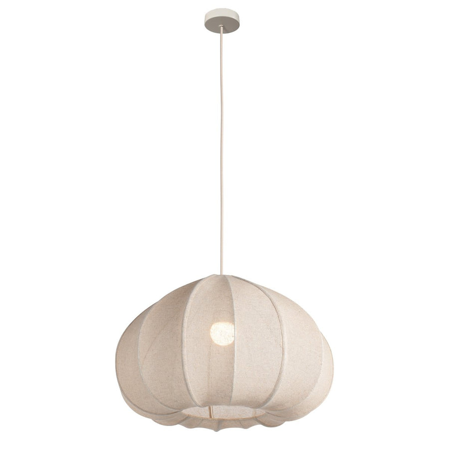 Vue entière du luminaire suspendu avec câble textile et rosace blanche.