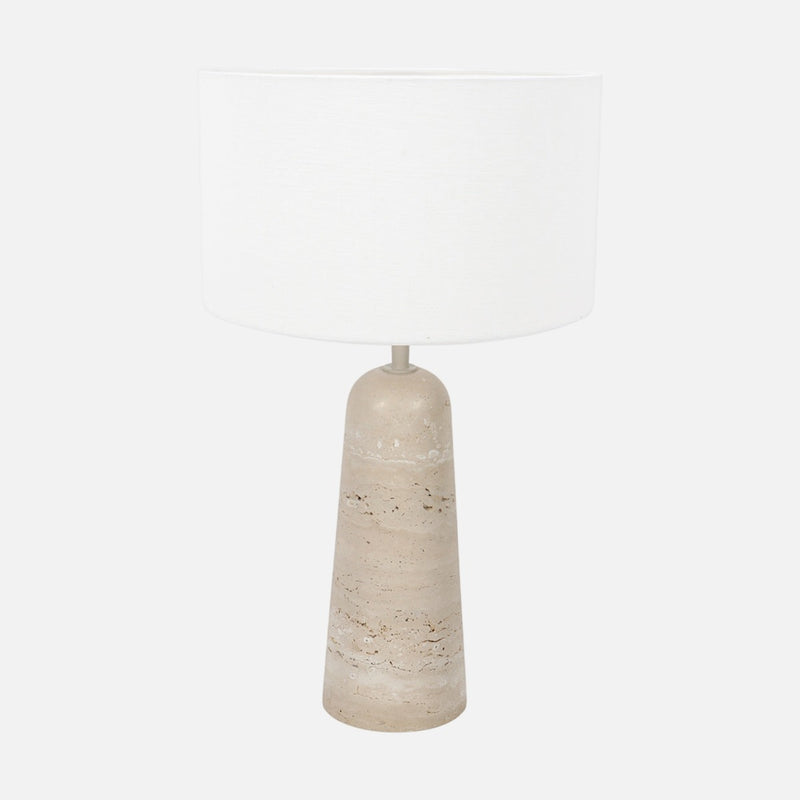 Lampe de chevet travertin, pied naturel & abat-jour lin blanc | Travino