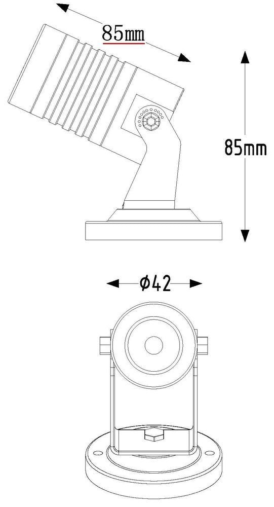 Schéma coté du spot : longueur 85 mm, hauteur 85 mm et diamètre 42 mm