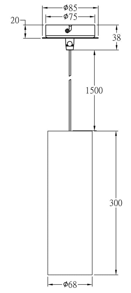 Schéma coté du luminaire avec diamètres du cache, du cylindre et longueur du câble.