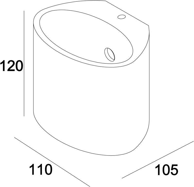 Schéma technique coté de l’applique : hauteur 120 mm, largeur 110 mm et profondeur 105 mm.