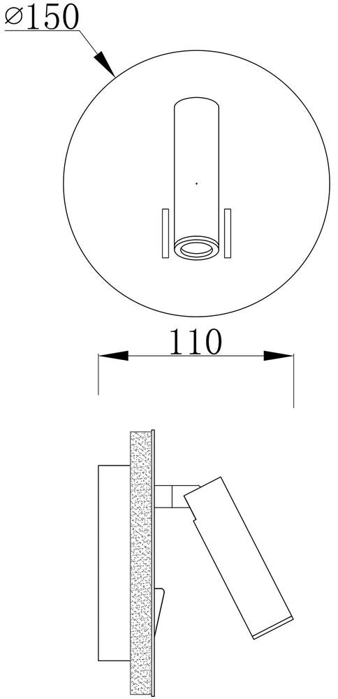 Schéma de dimensions : diamètre 150 mm, saillie 110 mm, vue de face et de profil.