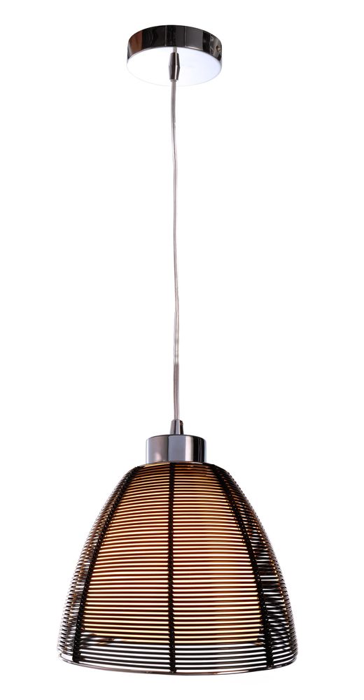 Vue entière de la suspension noire avec câble et rosace chromée sur fond blanc.