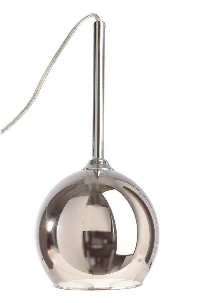 Pendentif seul, verre fumé transparent sans ampoule visible, tige et câble fins.