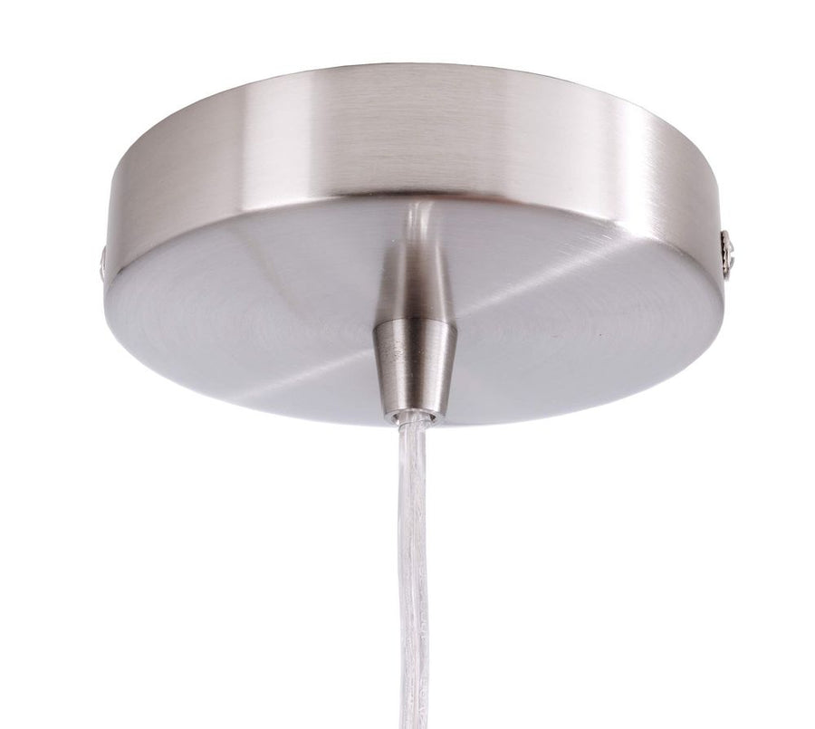 Gros plan du pavillon de plafond rond en inox et du câble de suspension.