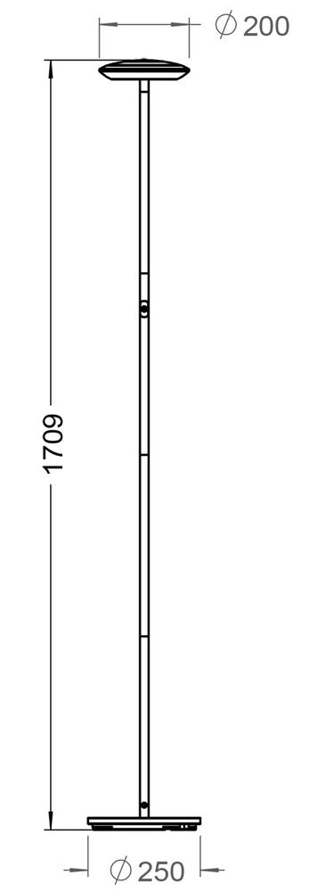 Schéma technique coté du lampadaire : hauteur 1709 mm, diffuseur 200 mm, base 250 mm.