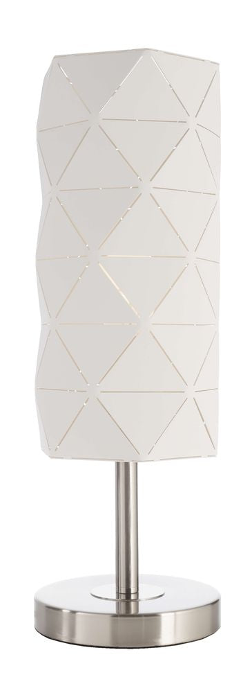 Vue de face de la lampe éteinte, abat-jour blanc à facettes triangulaires et pied métallique.