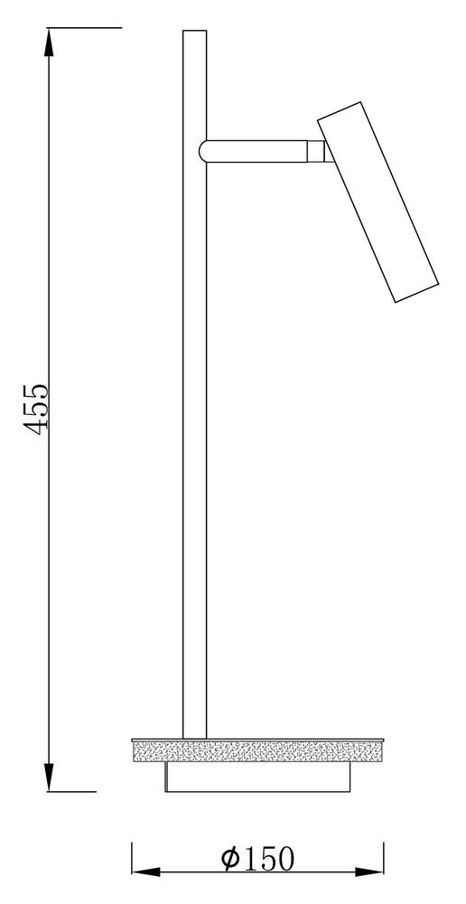 Schéma de dimensions de la lampe, hauteur 455 mm et base de diamètre 150 mm.