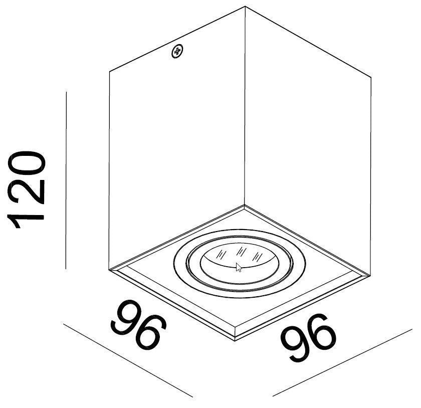 Schéma technique coté du spot avec dimensions 96 x 96 x 120 mm.