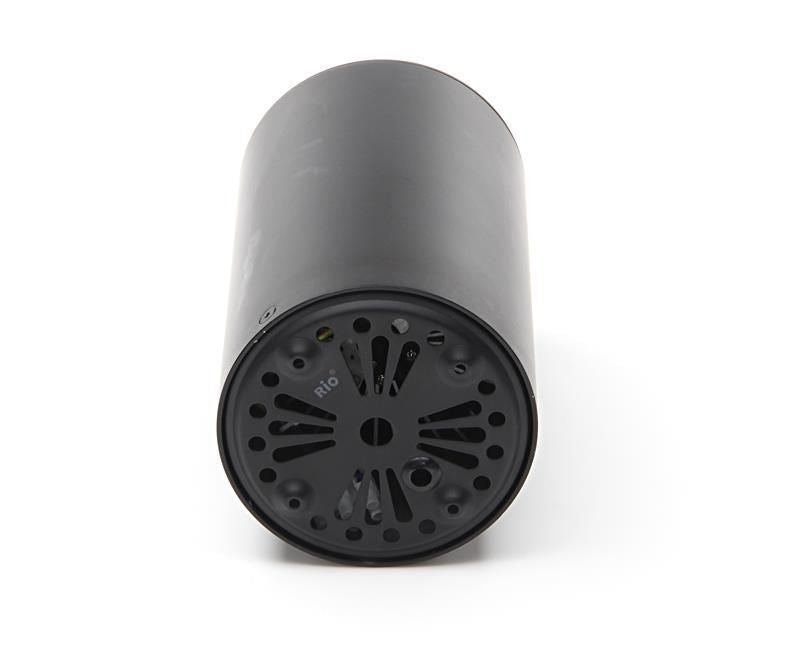 Vue arrière du boîtier cylindrique noir avec platine de fixation circulaire et trous de vis.