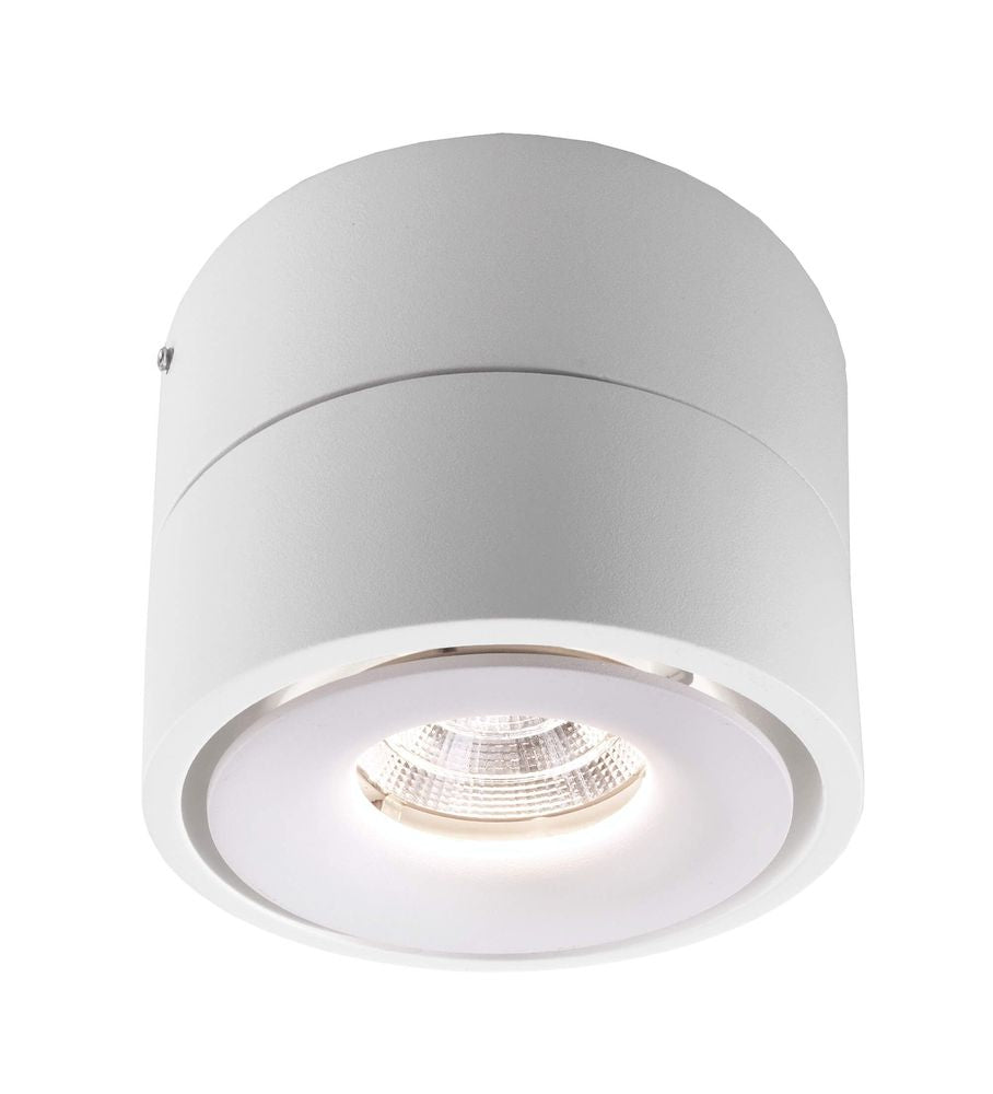Spot cylindrique blanc vu de face sous le plafond, lumière chaude au centre.