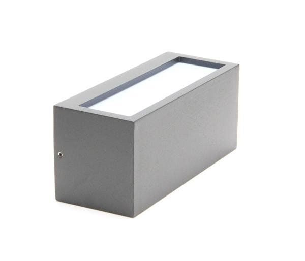 Vue en perspective du luminaire gris, ouverture rectangulaire claire orientée vers le haut.