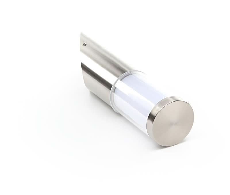 Vue en perspective du luminaire couché, capot circulaire et fût en inox brossé