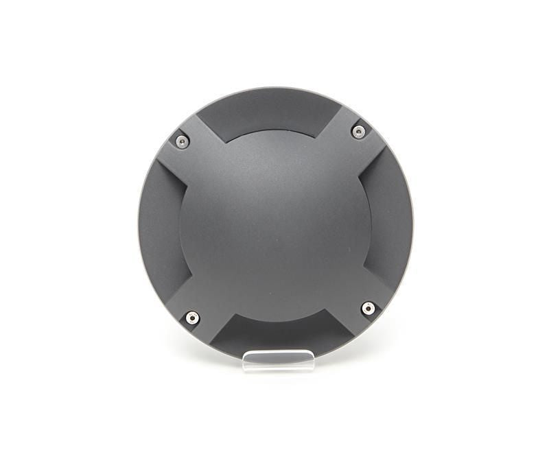 Vue arrière de l’applique grise, avec sa platine circulaire et les quatre points de fixation.