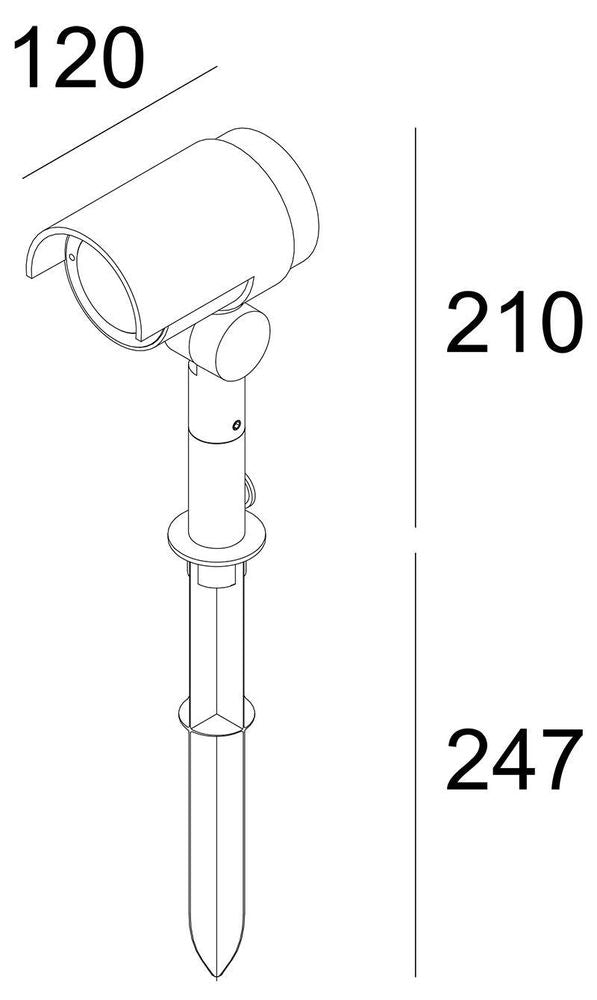 Schéma de dimensions du spot : 120 mm de large, 210 et 247 mm de haut