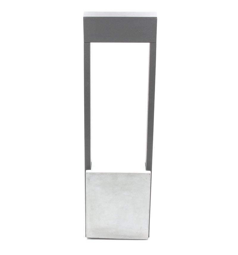 Vue de face sur fond blanc, cadre gris foncé ouvert et base rectangulaire en béton.
