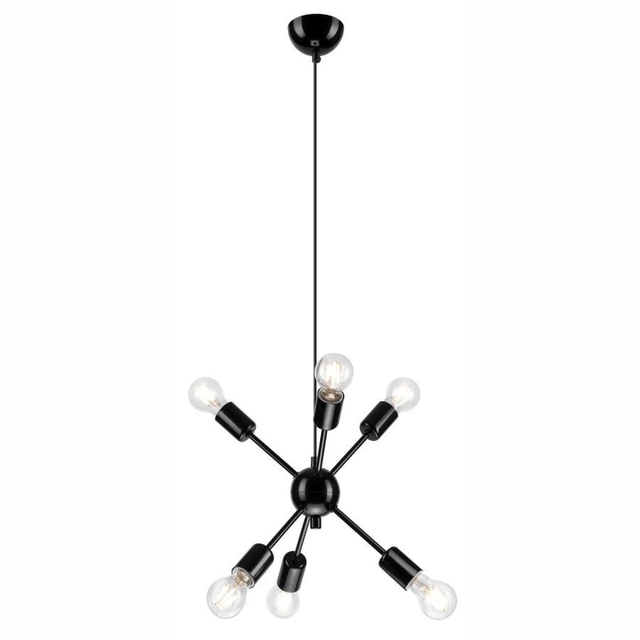 Suspension noire complète sur fond blanc, câble vertical, sphère centrale et six bras rayonnants.