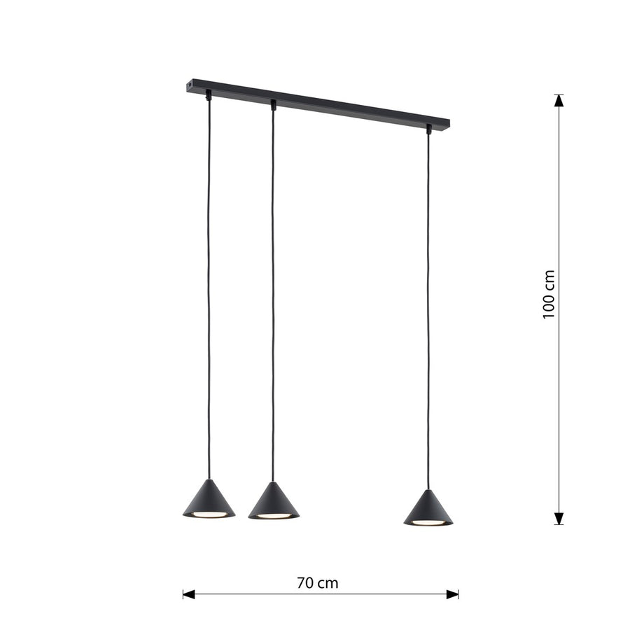 Schéma de dimensions du luminaire noir indiquant 100 cm de hauteur et 70 cm de largeur.