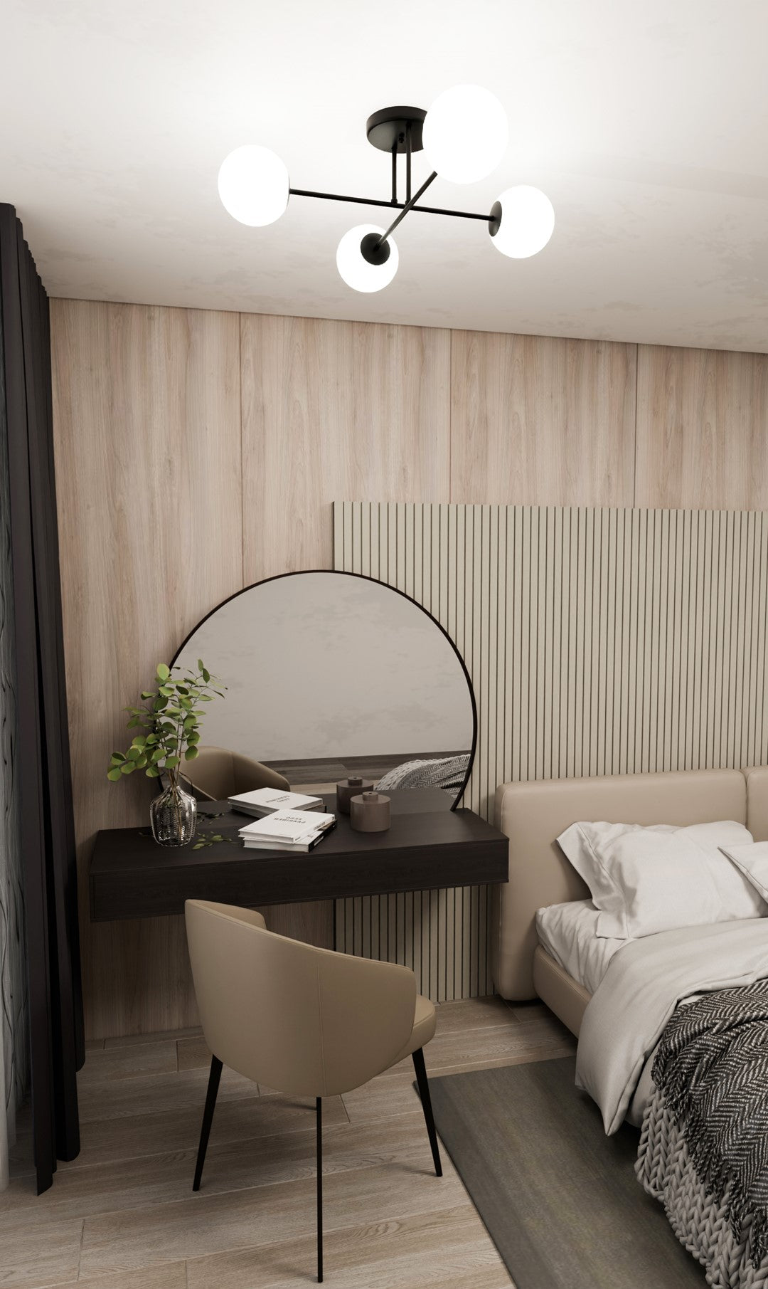 Plafonnier noir fixé au plafond au-dessus d'un bureau et miroir en chambre.
