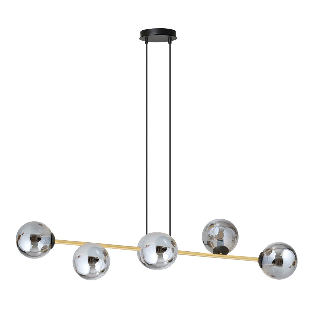 Vue de face du luminaire, mettant en valeur les globes en verre et la finition dorée.