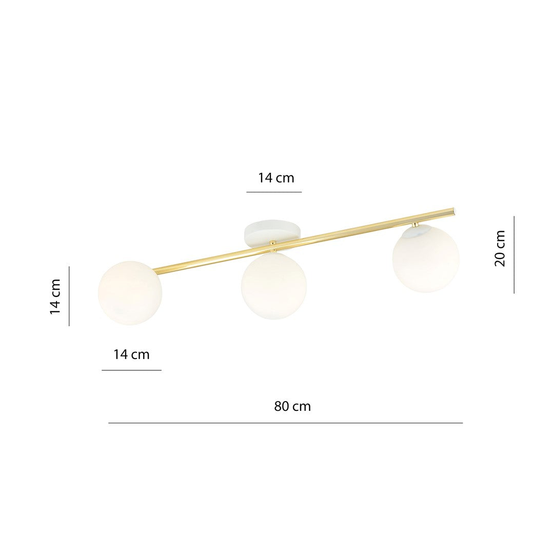 Schéma de dimensions du plafonnier : longueur 80 cm, hauteur 20 cm, globes 14 cm.