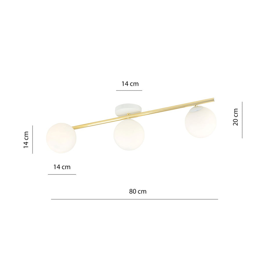 Schéma de dimensions du plafonnier : longueur 80 cm, hauteur 20 cm, globes 14 cm.