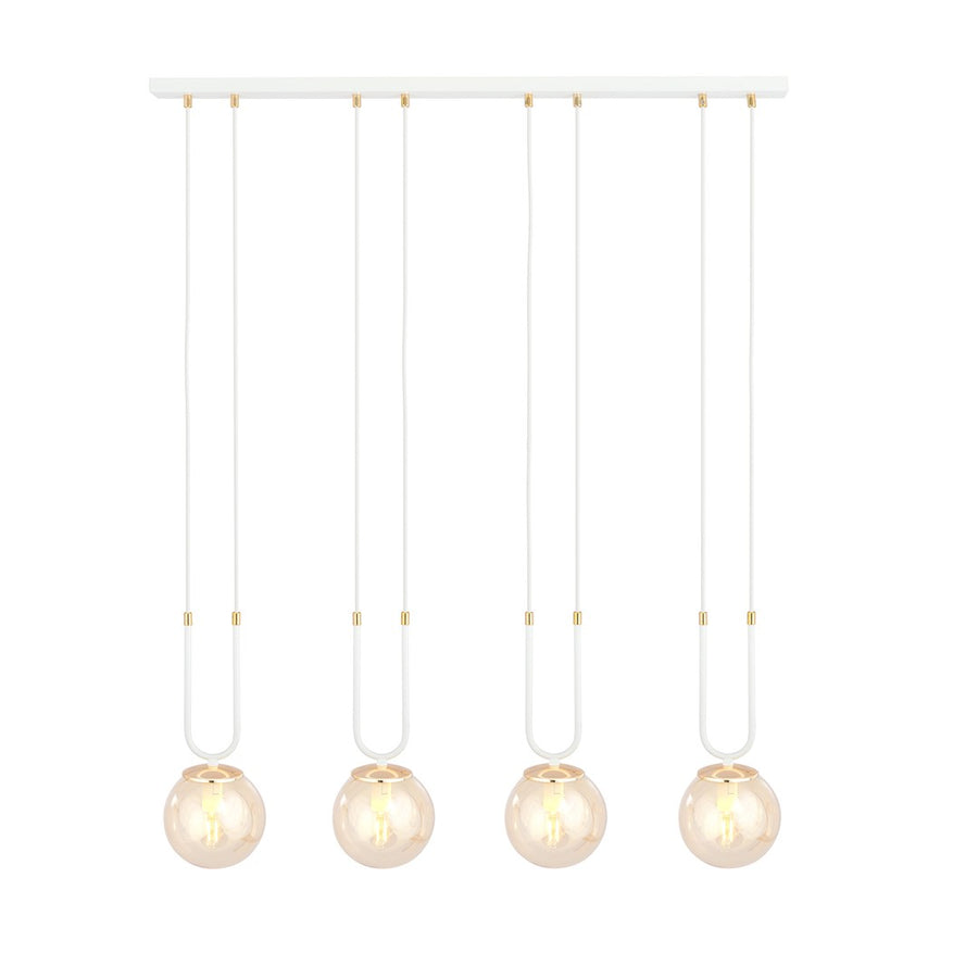 Suspension quatre globes en verre doré et câbles blancs, vue de face sur fond blanc.