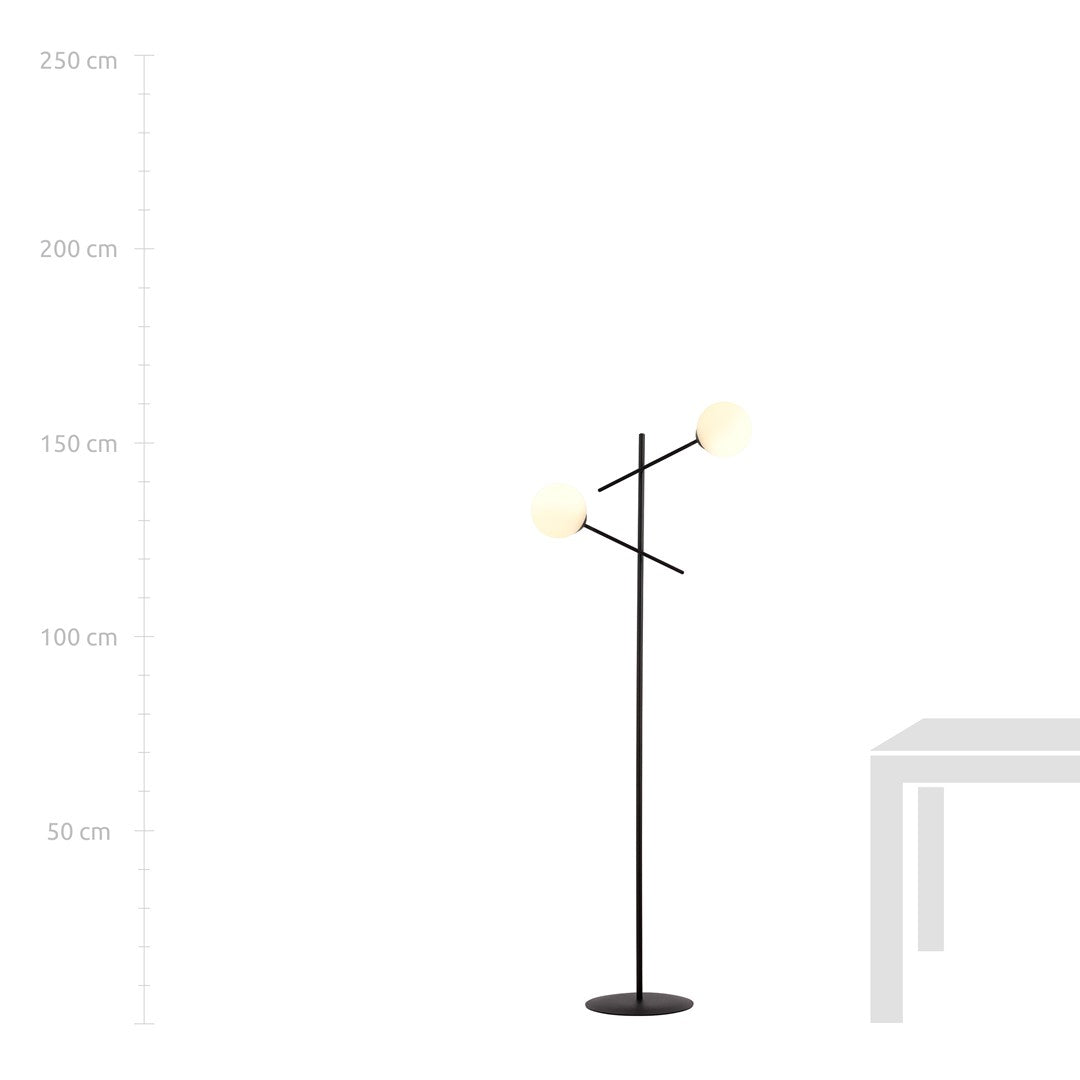 Mise en situation du lampadaire près d’une table, avec repères de hauteur.