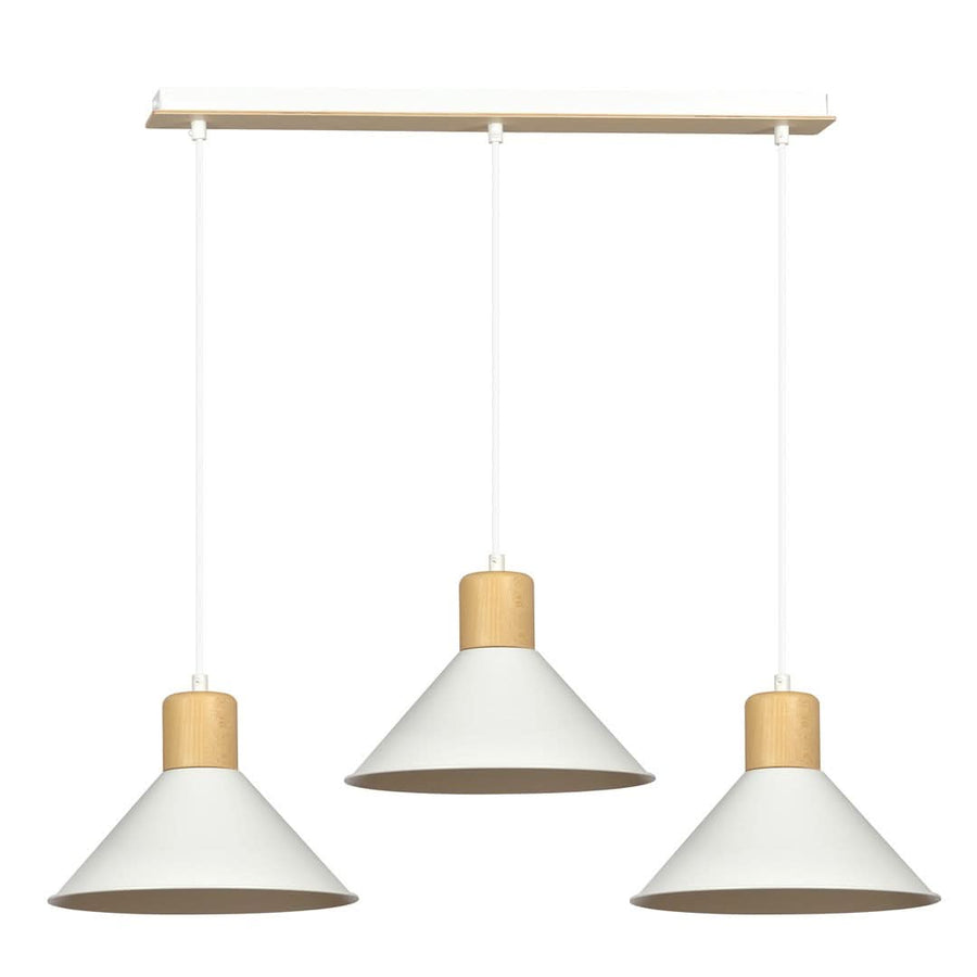 Suspension blanche à trois cônes en métal et bois, vue de face sur fond blanc.