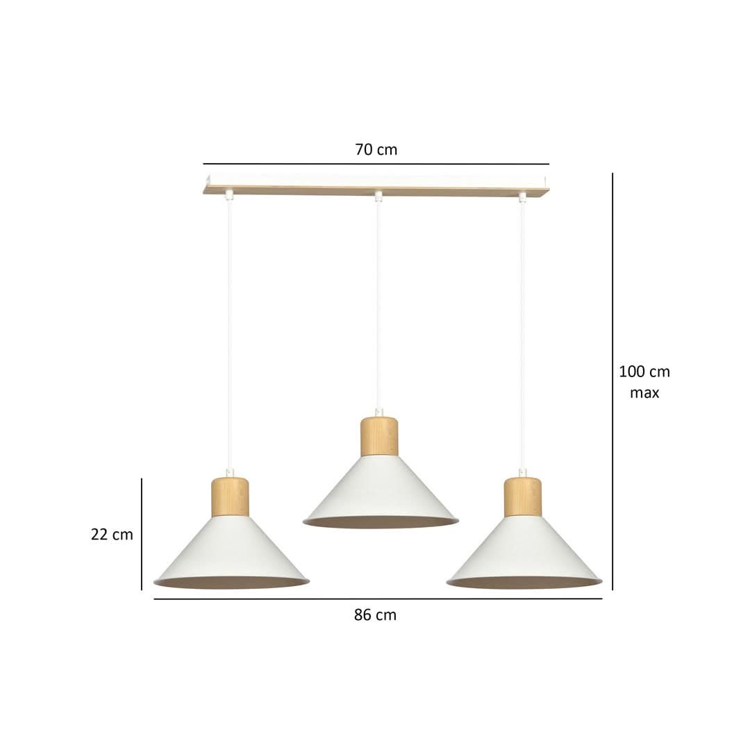 Schéma coté : barre 70 cm, hauteur max 100 cm, abat-jour 22 cm, largeur 86 cm.