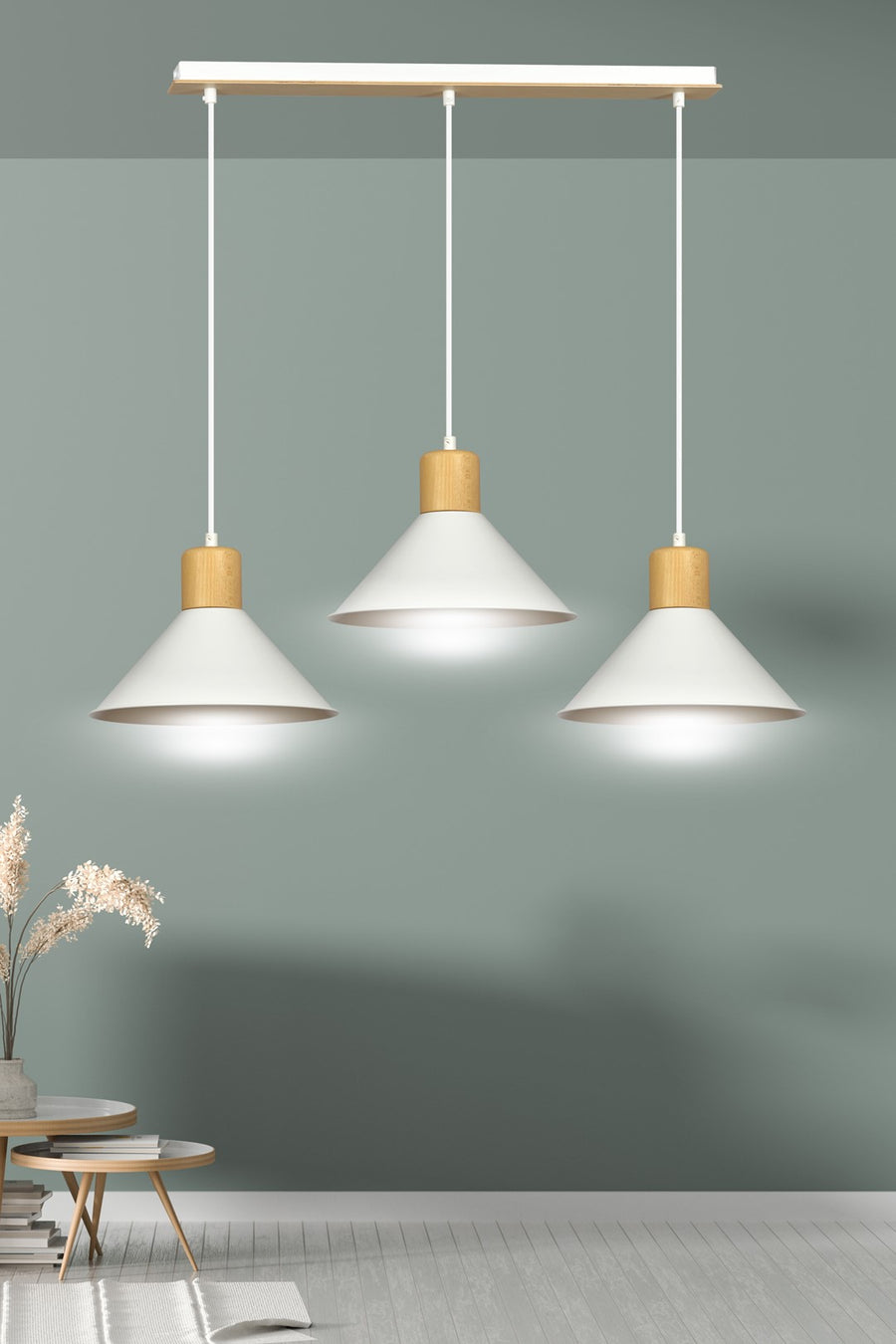 Suspension Akrinok 3 lumières blanche, bois