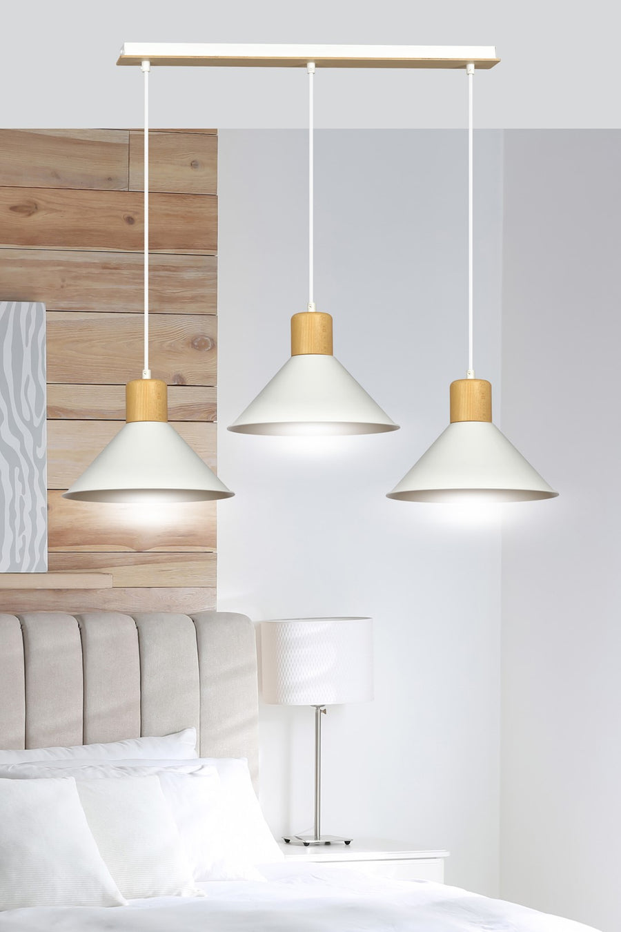 Suspension Akrinok 3 lumières blanche, bois