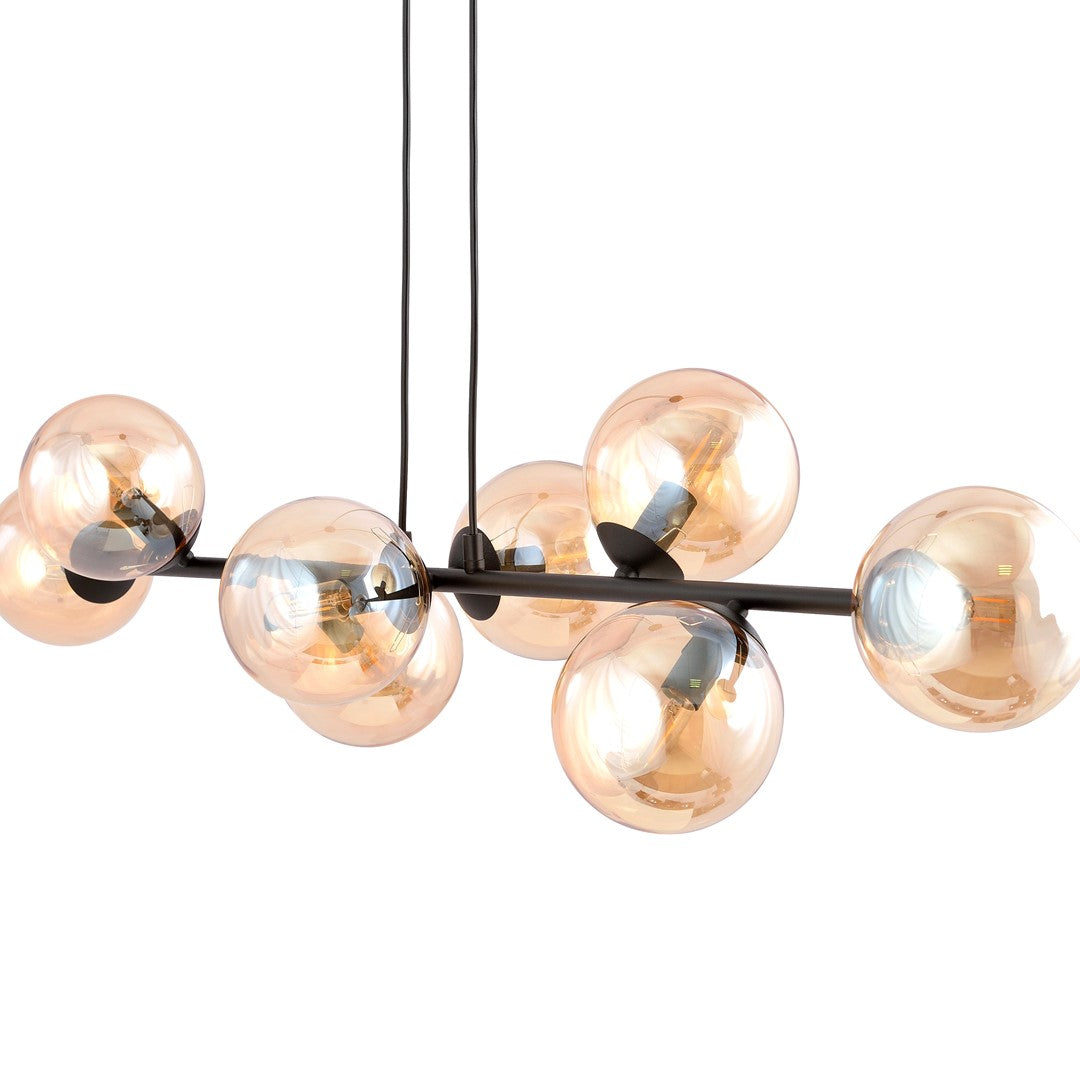 Suspension Reythar 8 lumières noire et ambrée, verre