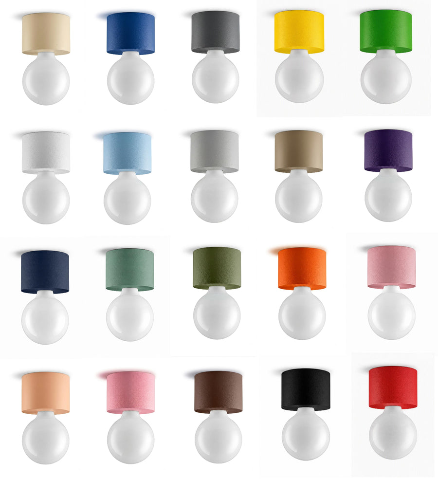 Nuancier de quinze coloris d'abat-jour cylindriques associés au même globe blanc
