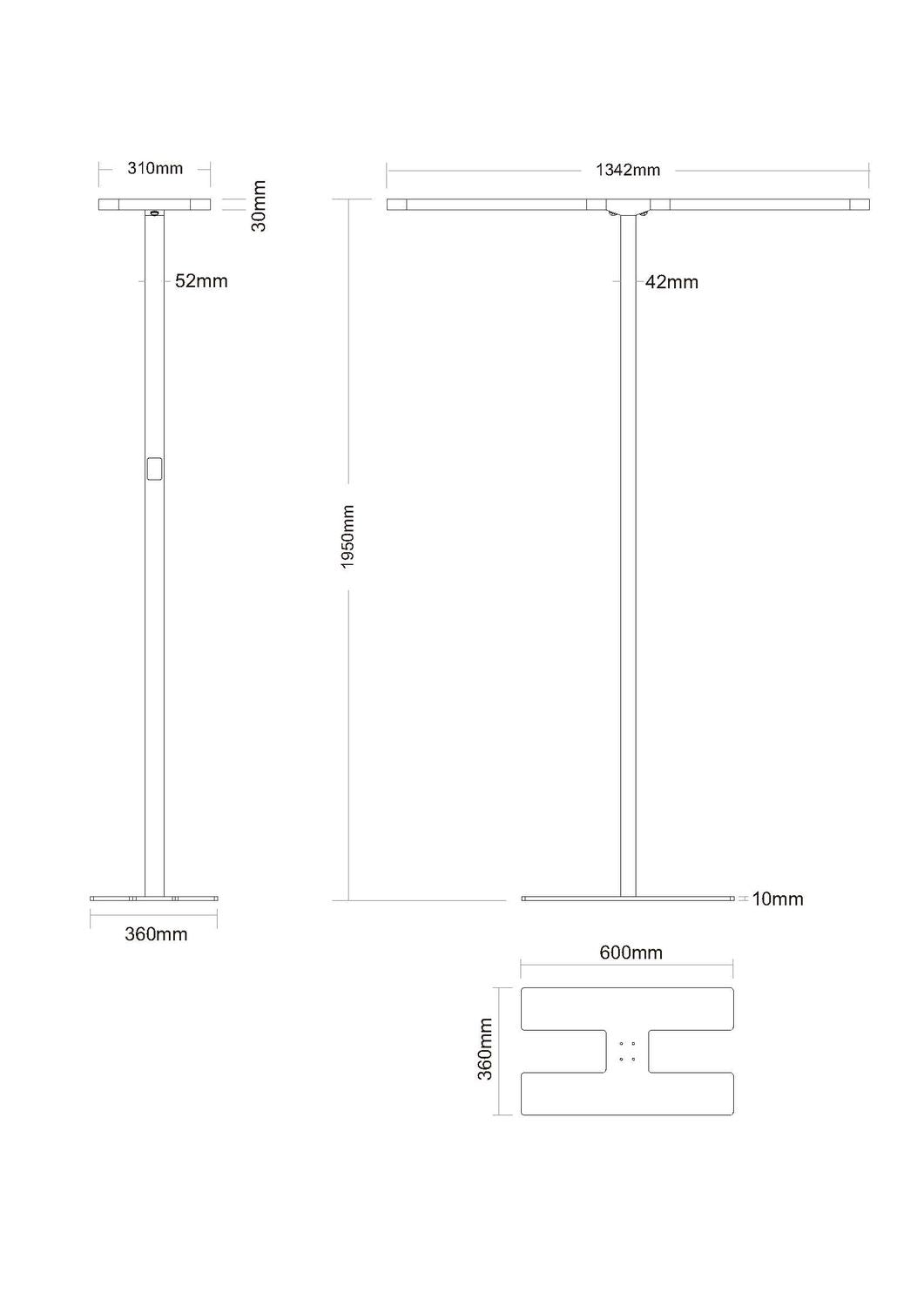 Schéma de dimensions du lampadaire avec vues de face, de profil et du socle