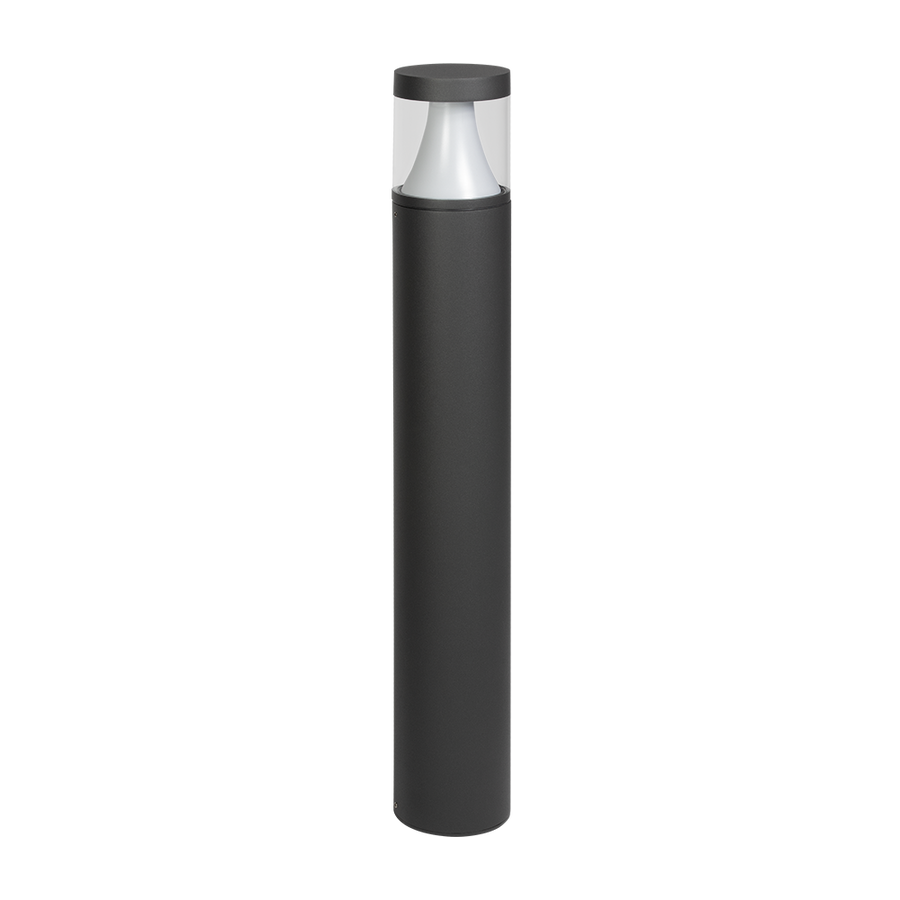 Borne extérieure grise cylindrique avec tête transparente et réflecteur conique, vue produit.