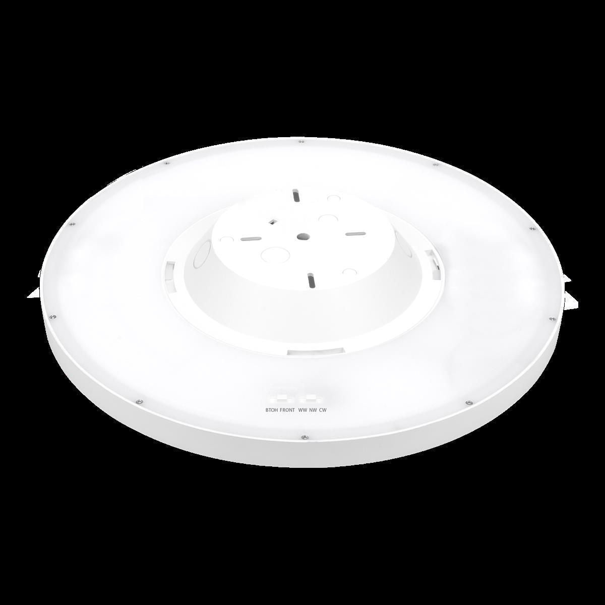 Vue arrière du luminaire montrant la platine centrale, les vis et le bornier.