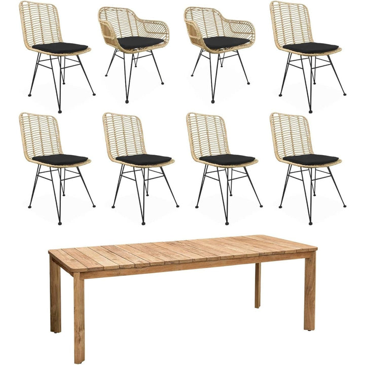 Alice'S Home - Table À Manger En Ancien Teck Recyclé 220Cm + 6 Chaises Et 2 Fauteuils En Rotin Naturel Et Métal. Coussins Noirs | Designix - Amazon    - https://designix.fr/