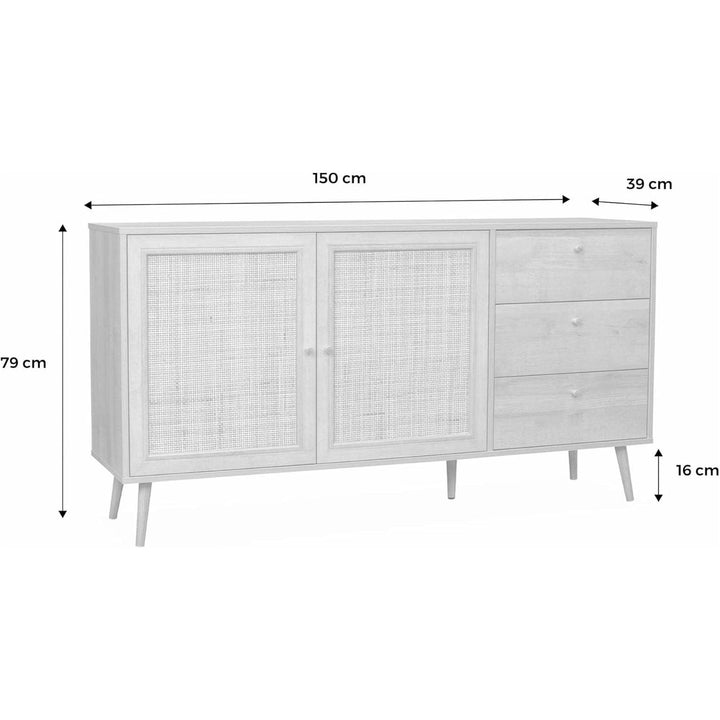 Alice'S Home - Buffet De Rangement Naturel En Cannage 2 Portes 3 Tiroirs L150 X L39 X H79Cm - Bohème | Designix - Amazon    - https://designix.fr/