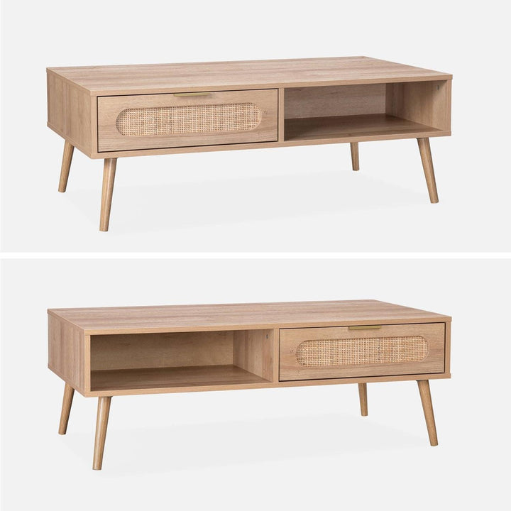 Alice'S Home - Table Basse. Eva. Scandinave En Cannage Arrondi Et En Décor Bois. 1 Tiroir Réversible L110 X L59 X H39Cm | Designix - Amazon    - https://designix.fr/