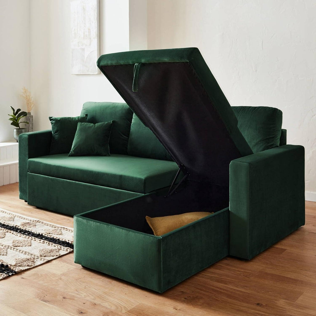 Alice'S Home - Canapé D'Angle Convertible En Velours Vert Anglais 3 Places. Fauteuil D'Angle Réversible Coffre Rangement Lit Modulable | Designix -     - https://designix.fr/