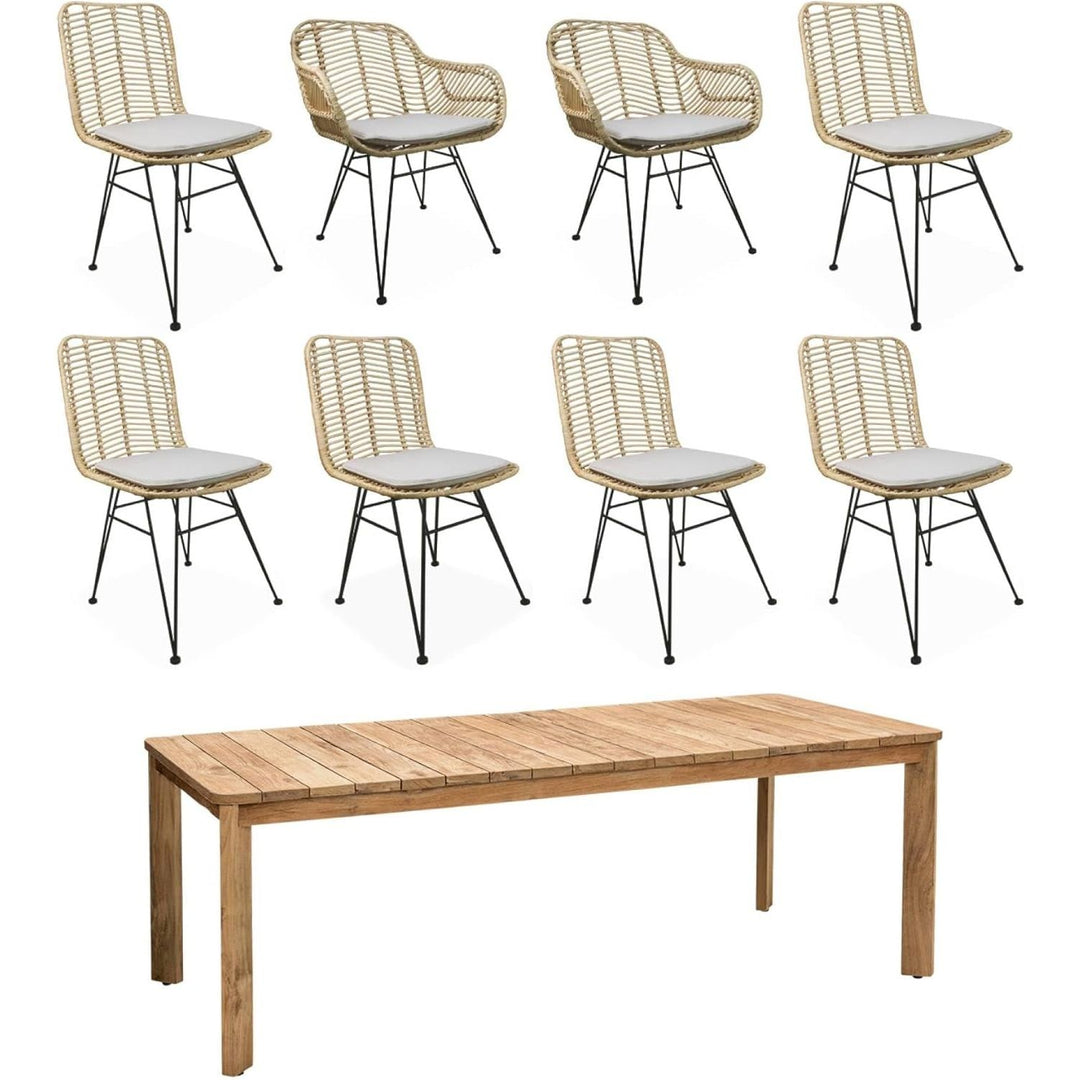 Alice'S Home - Table À Manger En Ancien Teck Recyclé 220Cm + 6 Chaises Et 2 Fauteuils En Rotin Naturel Et Métal. Coussins Naturels | Designix - Amazon    - https://designix.fr/