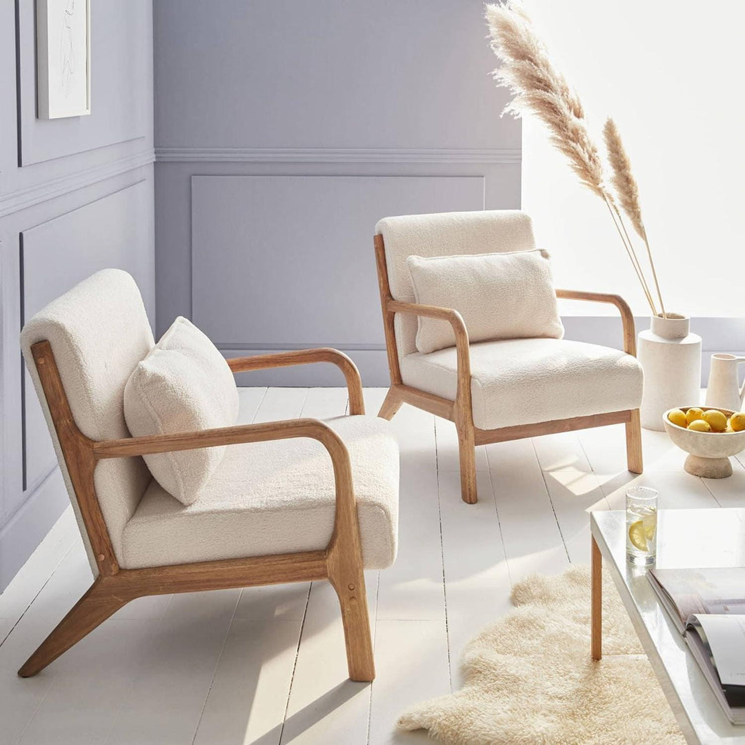 Alice'S Home - Fauteuil À Bouclettes Blanches. Bois Et Tissu. 1 Place Droit Fixe. Pieds Compas Scandinave. Structure En Bois Solide. Assise Confortable | Designix -     - https://designix.fr/