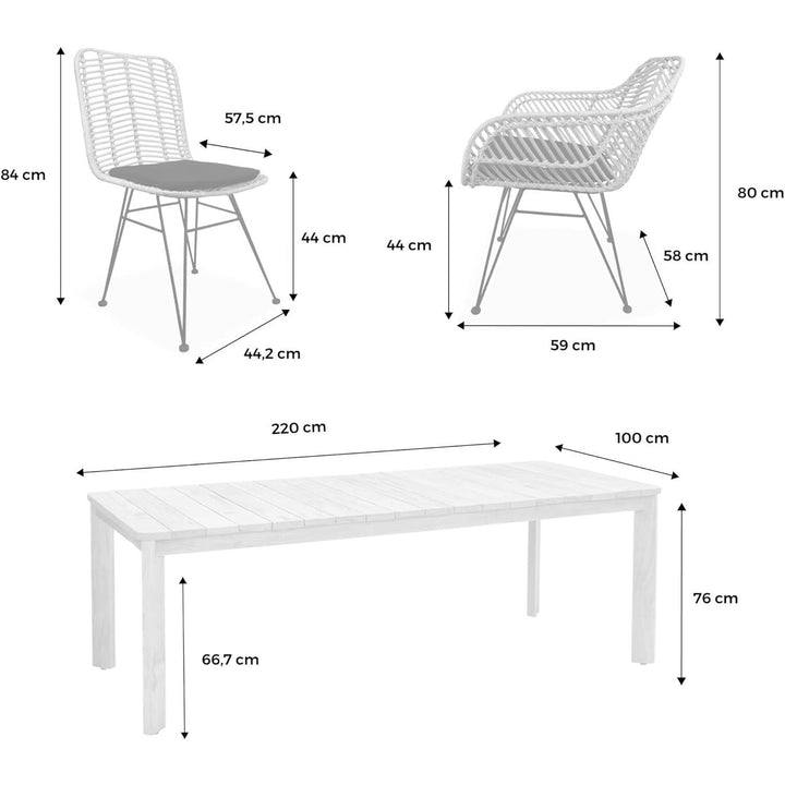 Alice'S Home - Table À Manger En Ancien Teck Recyclé 220Cm + 6 Chaises Et 2 Fauteuils En Rotin Naturel Et Métal. Coussins Noirs | Designix - Amazon    - https://designix.fr/